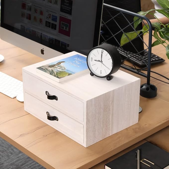 Desk Organizer Drawers for Office Supplies Kitchen Storage - Wood Makeup Organizer Box/Countertop Drawers Chest for Dresser Wooden Cabinet Printer Stand Machine Shelf White (FAX2C-WH)