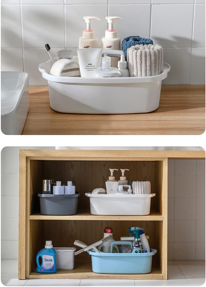 Cleaning Supplies Caddy, Large Plastic Shower Caddy Basket with Handle, Portable Cleaning Tool Storage Tote for Dorm, Bath, Pantry (grey, White, blue) (White)