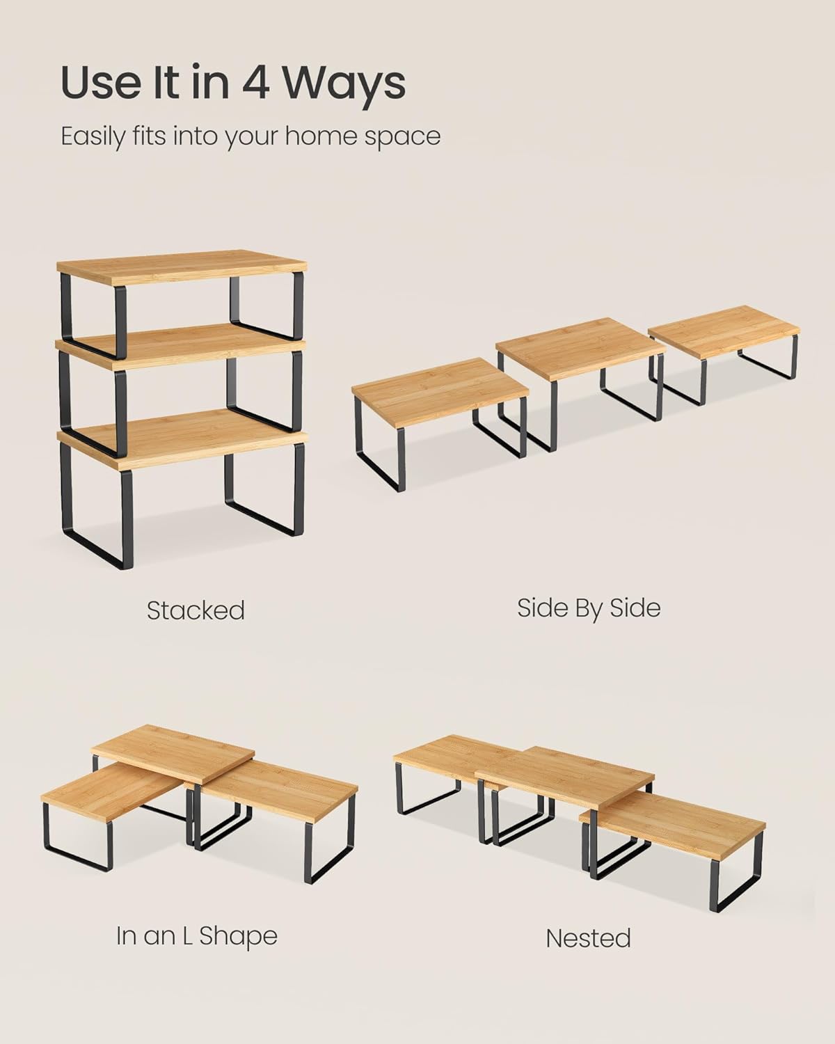 SONGMICS Cabinet Organizer Shelf, Set of 3 Kitchen Counter Shelves, Kitchen Storage, Spice Rack, Stackable, Expandable, Ink Black and Natural Beige UKCS014YL03