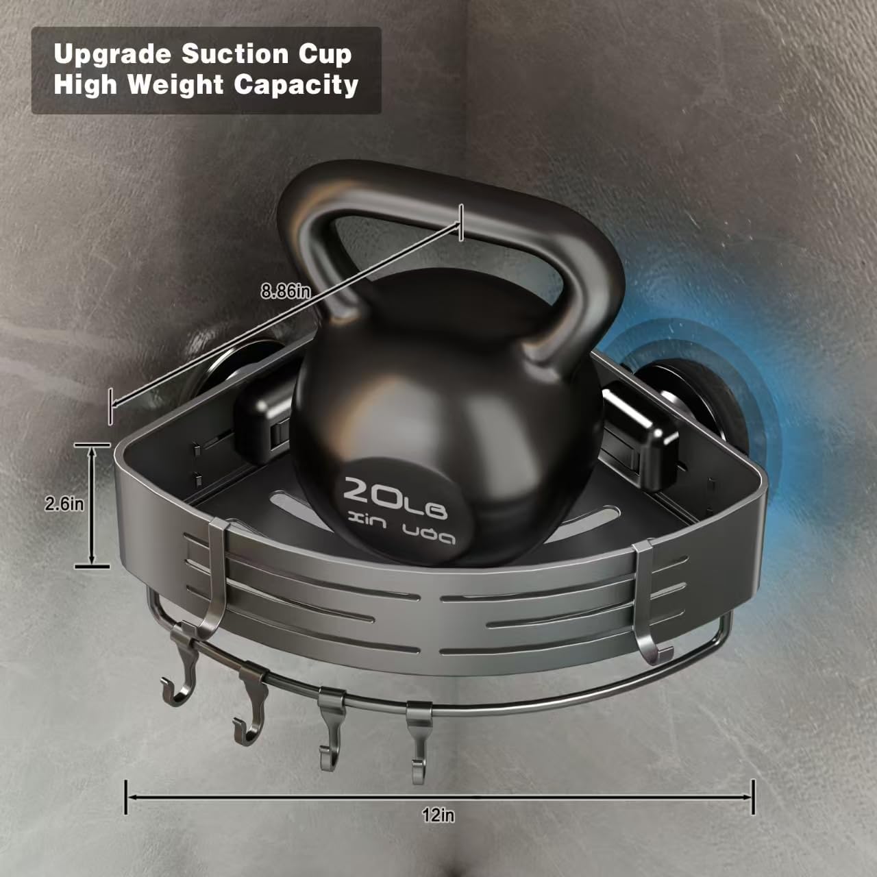 Voldra Corner Shower Caddy Suction Cup, 2 Pack Corner Shower Shelves No Drilling, Aluminum Upgrade Suction Cup Shower Organizer with Towel Bar & Hooks Removable Bathroom Storage Rack(Gray)