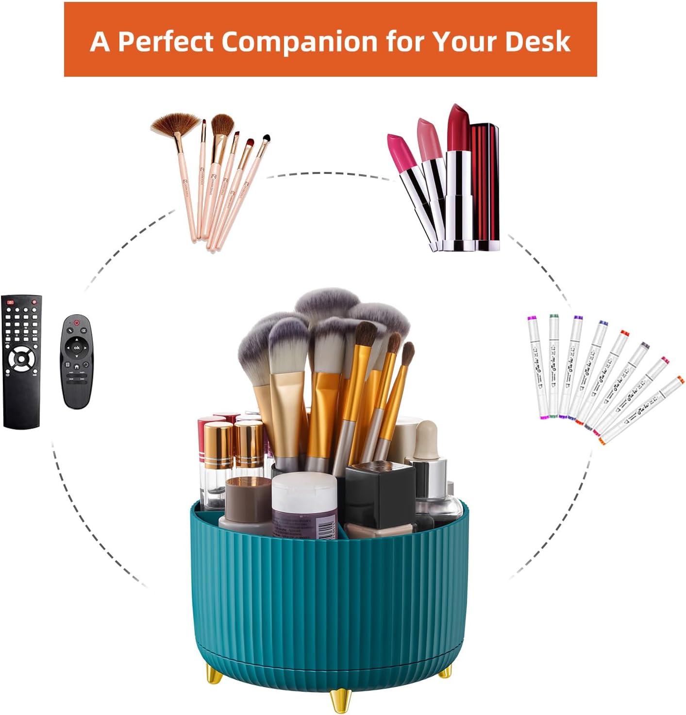 Marbrasse Desk Organizer, 360-Degree Rotating Pen Holder, Desk Organizers and Accessories with 5 Compartments Pencil Organizer, Art Supply Storage Box Caddy for Office, Home(Green)