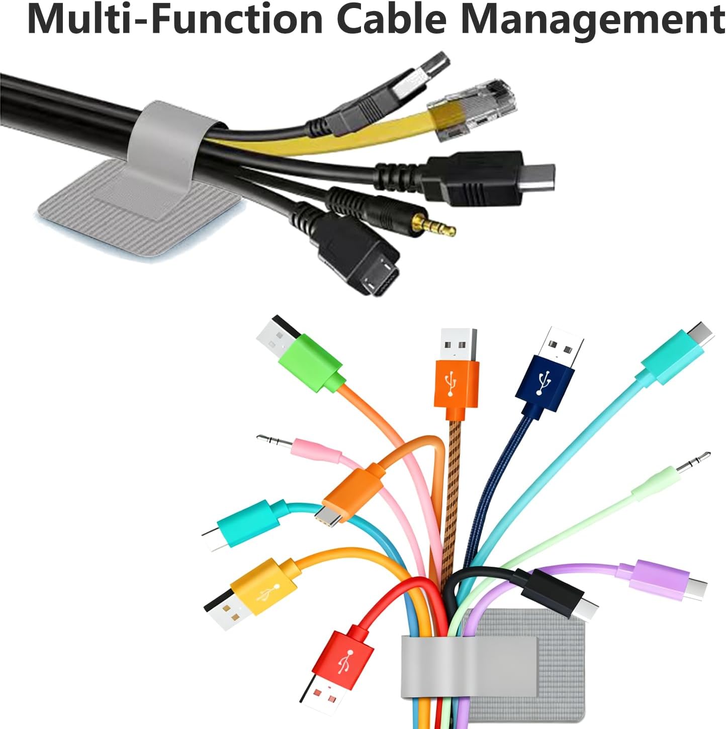 Desk Cable Management, Wire Organizers for Cords - Upgrade 48 PCS Grey Sticky Back Self Adhesive Cable Ties, Hook and Loop Straps for Home or Office Use