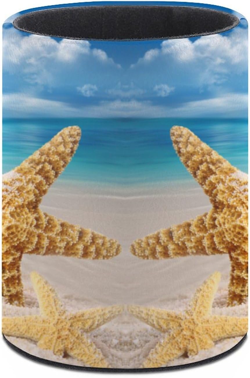 Beach Starfish Seashell Pen Holder Pencil Organizer Cute Pencil Cup Desk Decor Makeup Brush Holder PU Multifunctional Office Suppliesfor Home Classroom School