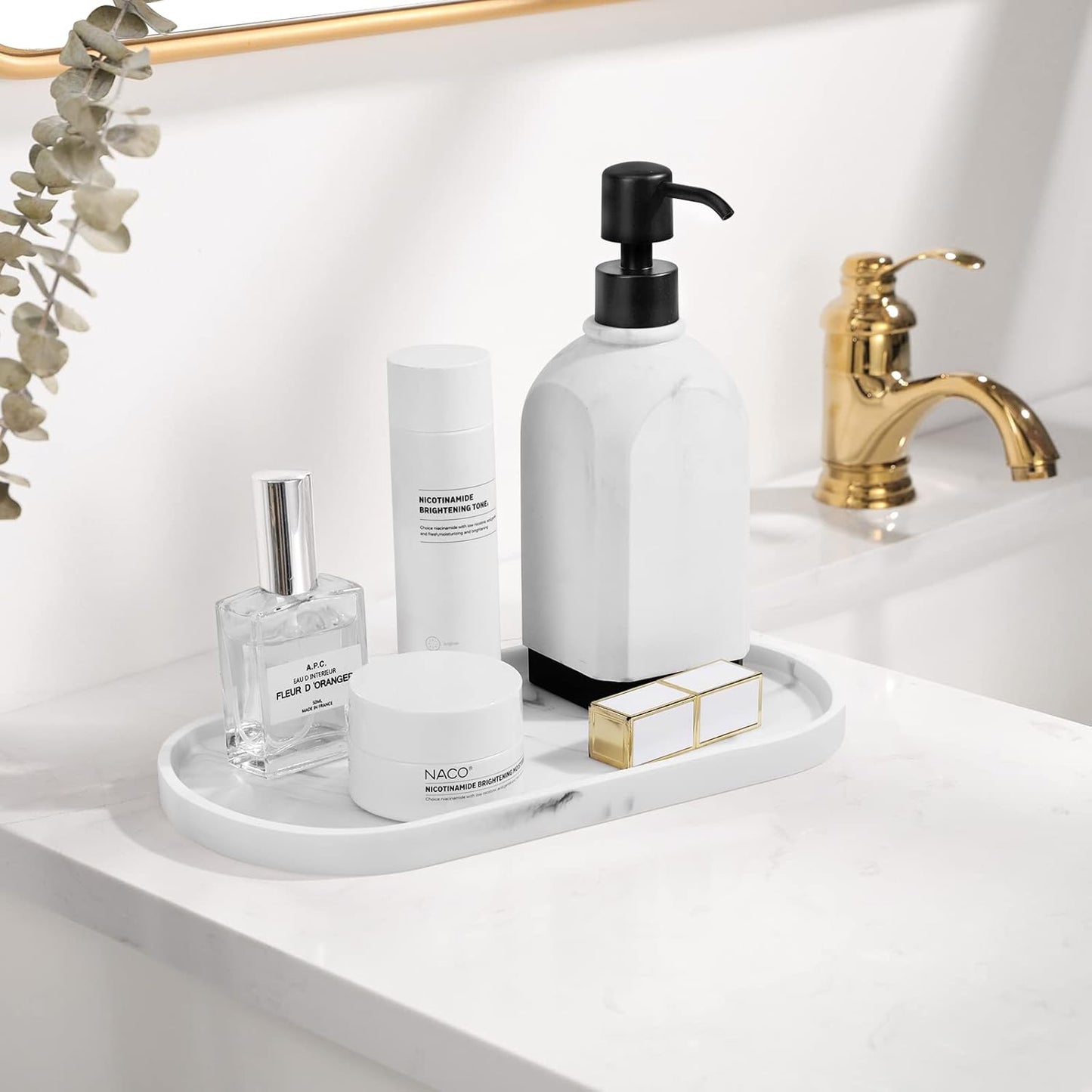 Luxspire Bathroom Vanity Tray, Handmade Resin Kitchen Sink Tray, Oval Toilet Tank Tray, Bathroom Countertop Organizer Tray for Jewelry/Perfume/Soap Dispenser/Hand Towel - 11.4 Inch, White Marble