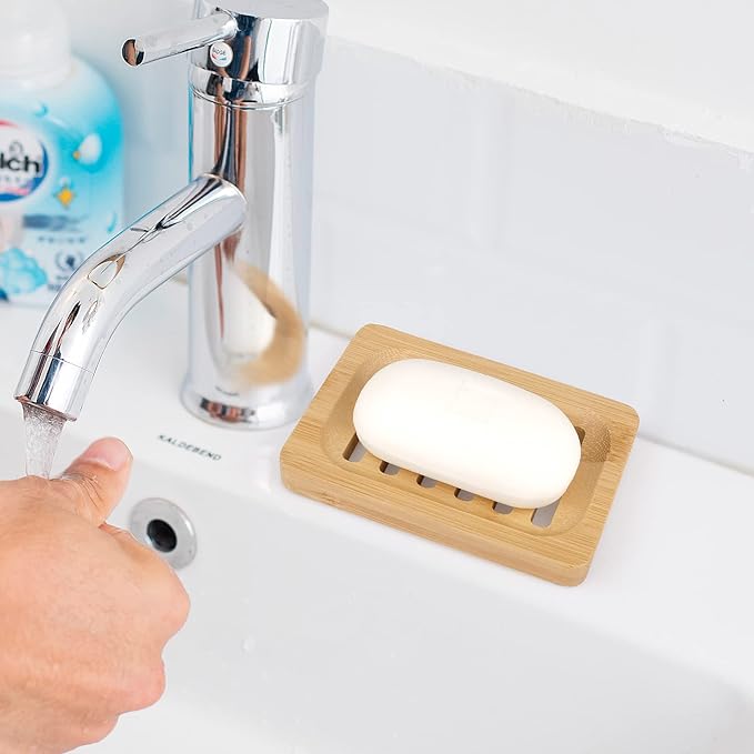 Anwenk Bamboo Wooden Soap Dish, Bar Soap Holder Soap Tray for Shower Bathroom Kitchen Sink Drainer - 2 Pack (Natural Color)