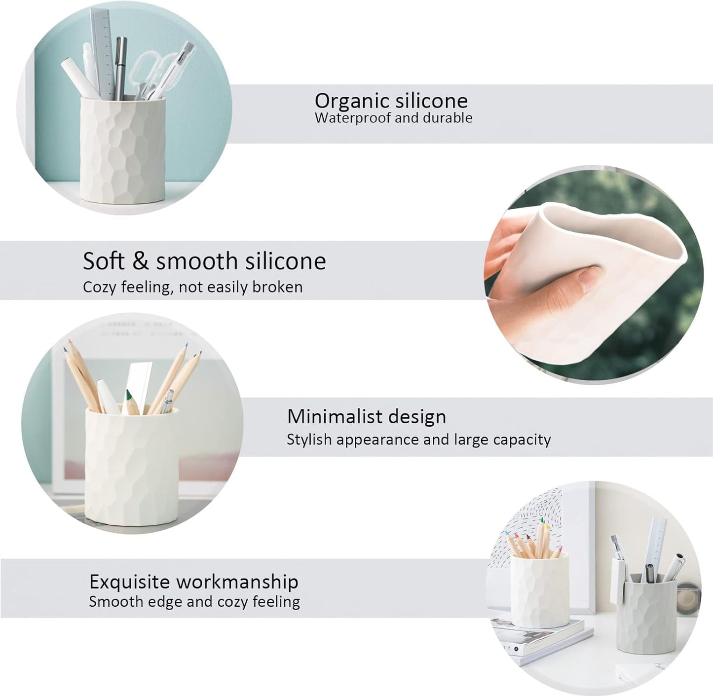 Pen Holder,Nordic Style Silicone Waterproof Pencil Holder for Desk Simple&Modern Minimalist Makeup Organizer Multifunctional Office Supplies for Home,Kids and School(Light grey)