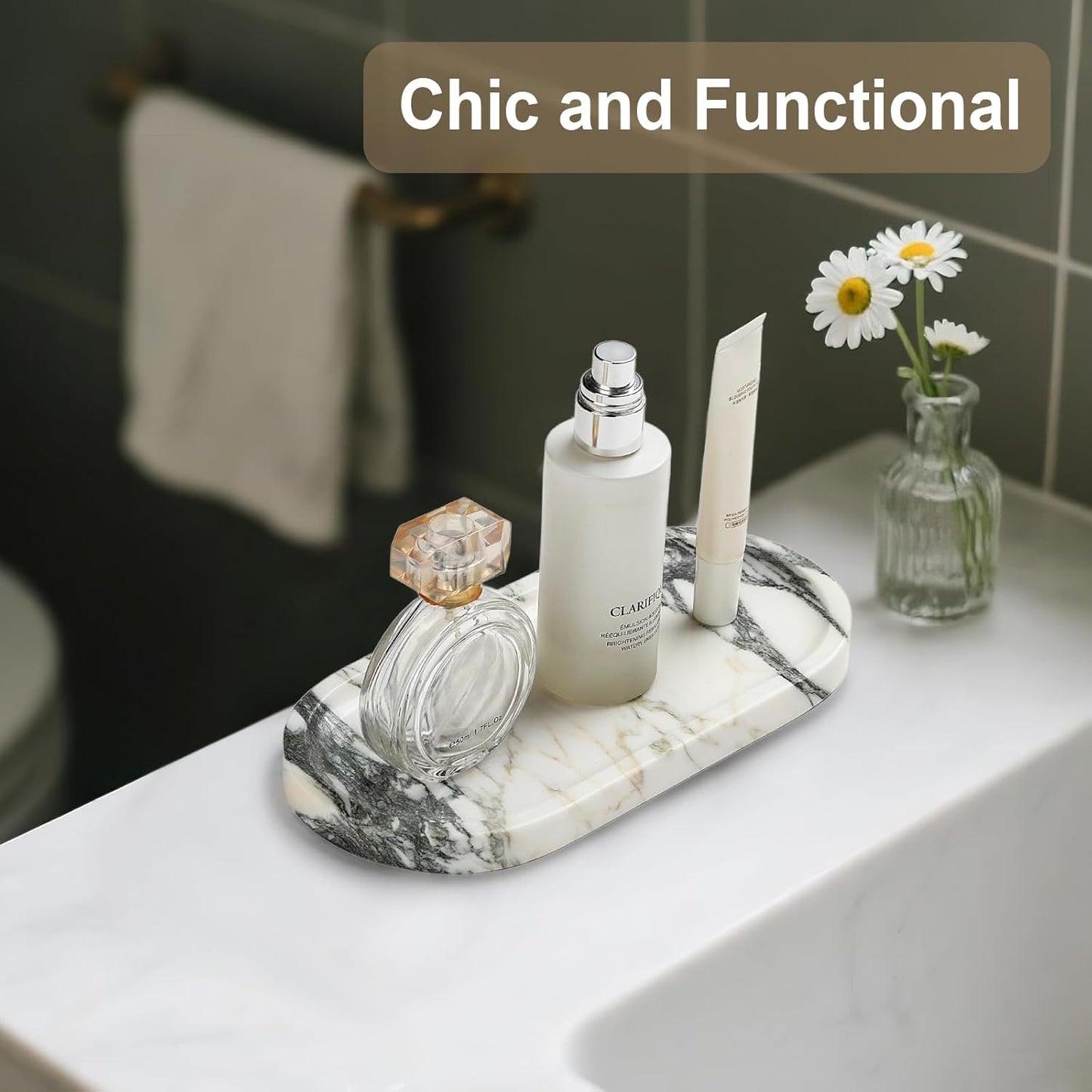 Natural Marble Vanity Tray - Moujings Genuine Marble Perfume Tray for Bathroom Decor, Stone Bathroom Vanity Organizer Tray for Kitchen Counter, Candles, Jewelry, Coffee, Makeup, Key