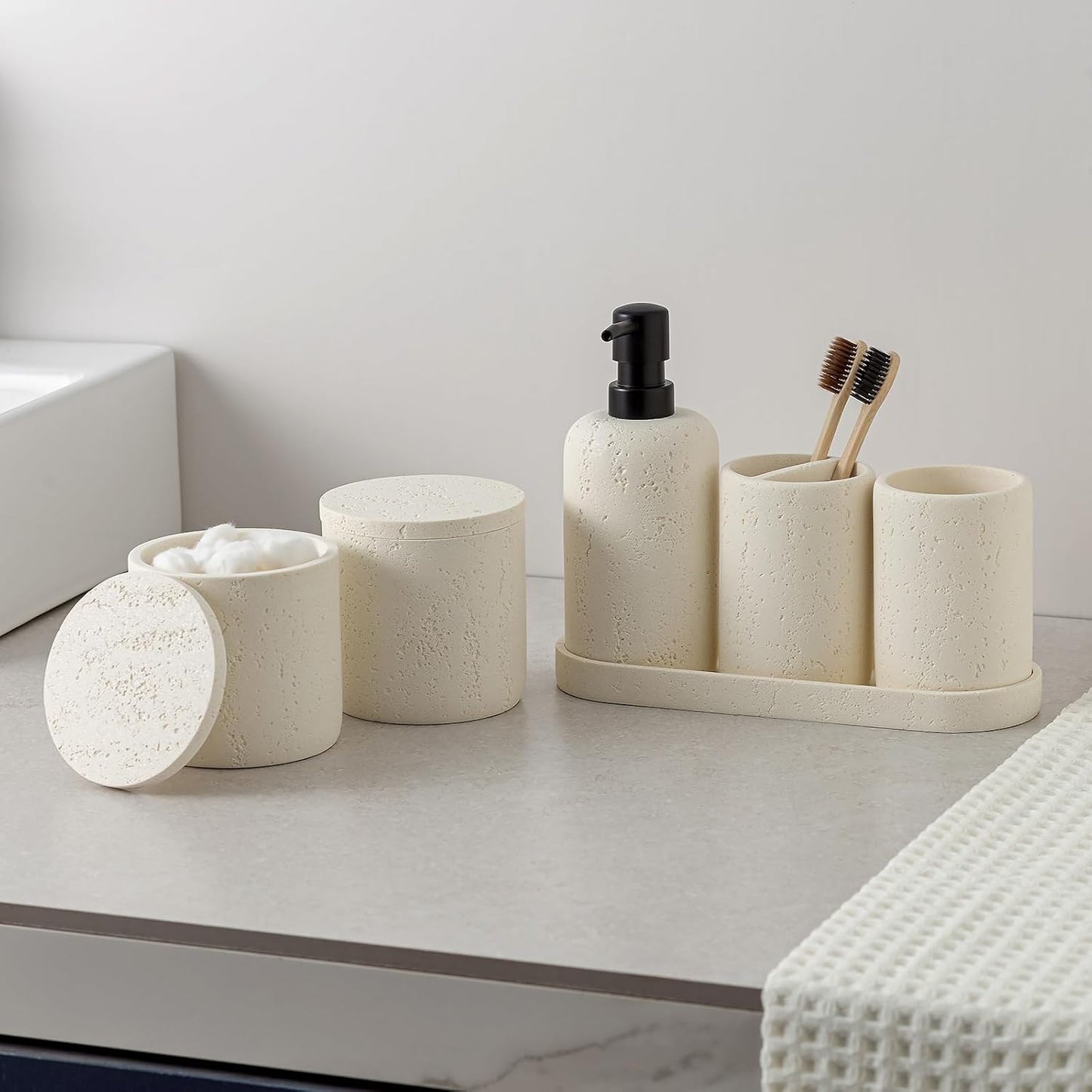 Bathroom Accessories Set, Travertine Stone-Look, 6 PCS Bathroom Accessory Set with Soap Dispenser, Toothbrush Holder, Tumbler, Vanity Tray, Cotton Swab Jars for Countertop (Off White 6 PCS)