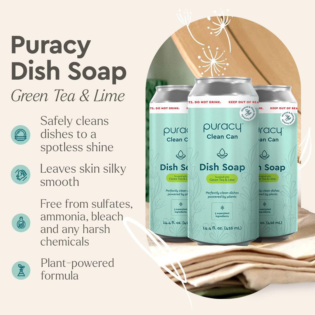 Puracy Natural Dish Soap Clean Can Refill - Plant-Based Dishwashing Soap, Non-Toxic Dish Soap, Natural Liquid Dishwashing Detergent Soap As Seen on TikTok (Green Tea & Lime, 14.4 fl oz, 3 Pack)