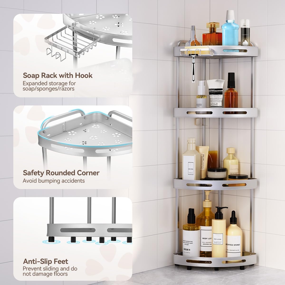 Corner Shower Caddy, 4 Tier Standing Shower Organizer with Soap Holder, Rustproof Stand Shower Shelves for Bathroom Shampoo Storage, Silver
