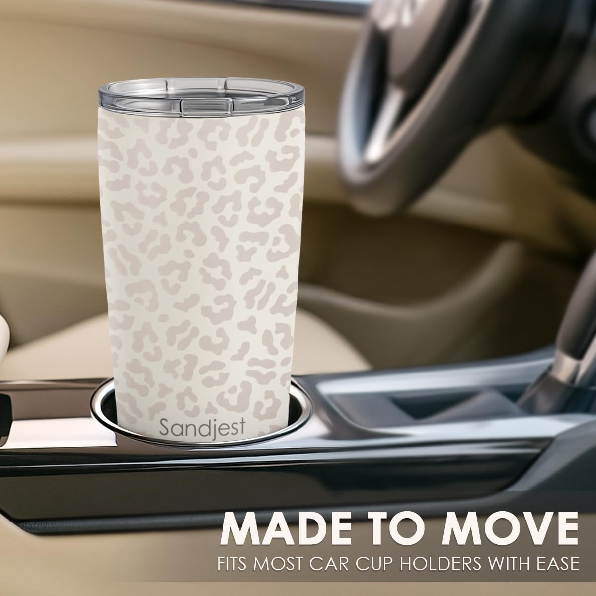 SANDJEST Leopard Print Tumbler 20oz Stainless Steel Insulated, Beige Leopard Travel Coffee Cup, Bow Gifts for Women Girls Teen, Birthday Christmas