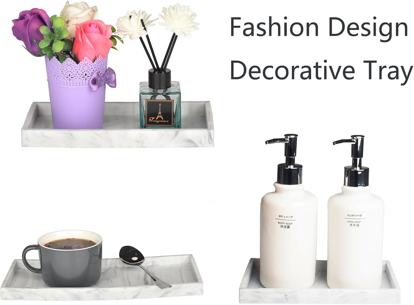 DNC Silicone Bathroom Tray for Counter, 2PC (7.9" +11.8") Vanity Tray for Countertop, Kitchen Sink Soap Tray for Dish Holder Dispenser Toilet Tank Desk Organizer Marble White