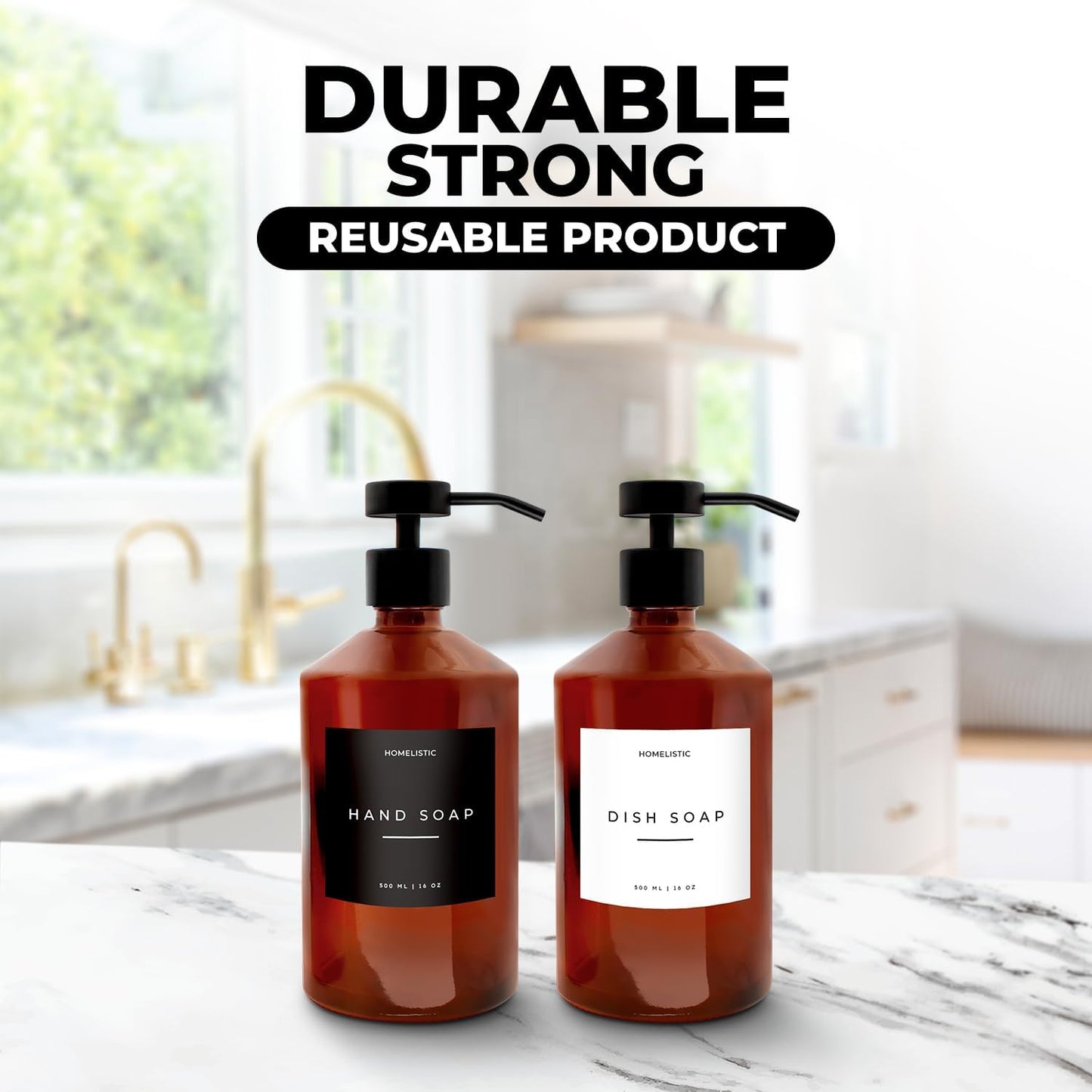 Luxury Glass Soap Dispenser Set of 2 - Elegant Amber Bottles with Matte Black Pumps, Ideal for Kitchen and Bathrooms, Perfect Glass Pump for Modern Homes.