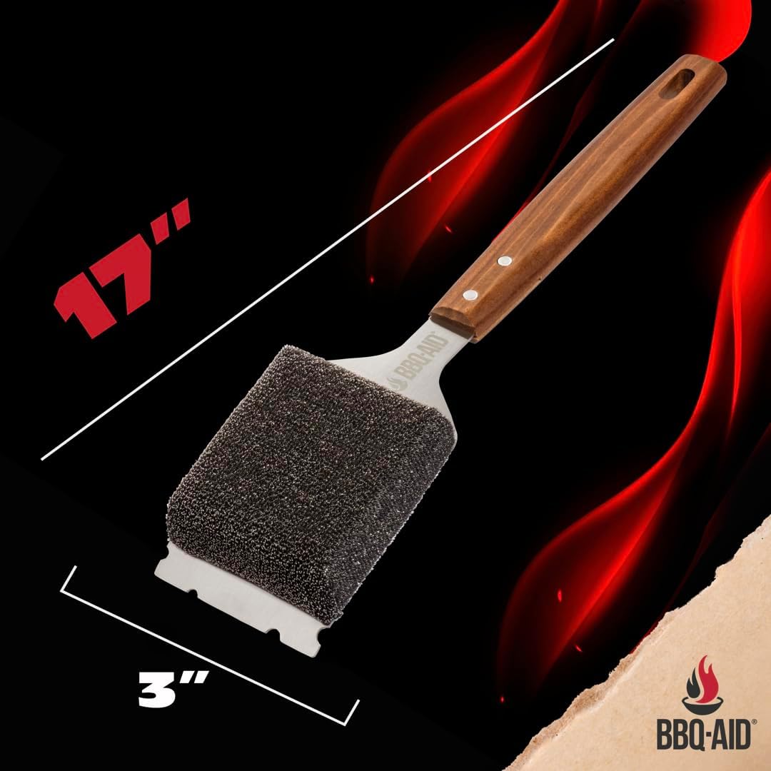 BBQ-AID Bristle Free Grill Brush and Scraper for Barbecue - Extended Large Wooden Handle with Replaceable Head - No Scratch BBQ Cleaning Accessories for Outdoor Grills