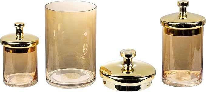MyGift Glass Apothecary Jar Set with Brass Lids, Decorative Kitchen and Bathroom Storage Canisters, Wedding Centerpiece Jars, Candy Buffet Containers
