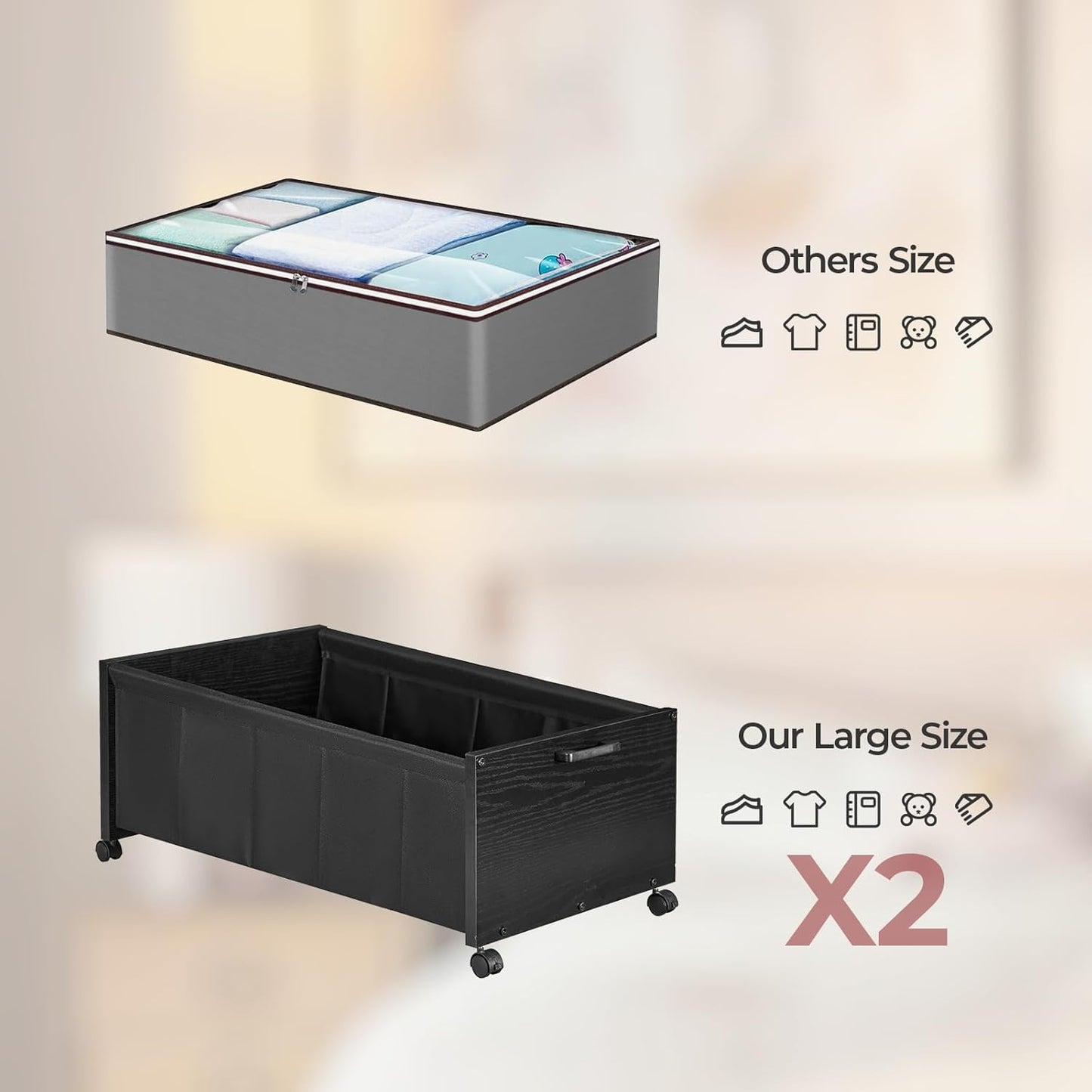 Under Bed Storage with Wheels, Wooden Under Bed Drawers On Wheels, Rolling Under Bed Shoe Storage, Space Saving, Black,Quadruple Size,90L