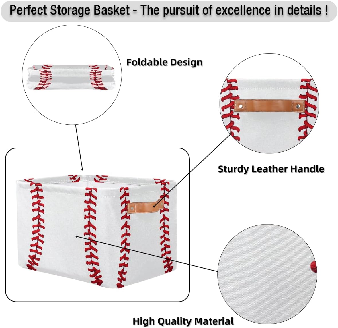 Baseball Storage Basket for Shelves, Storage Bins with Handles, Collapsible Basket for Organizing, Closet Toy Baskets for Nursery Room, 15x11x9.5 in, Canvas, Sports Baseball Stitches Lace