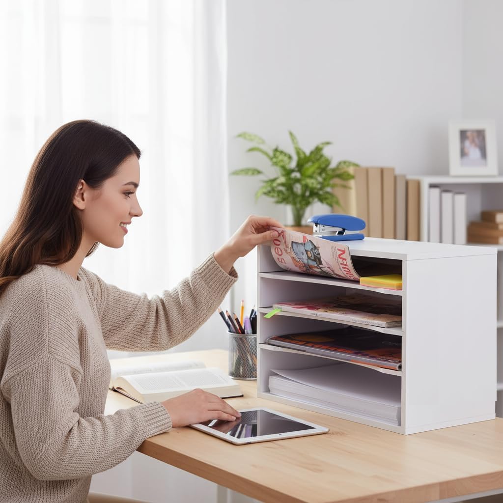 EMERIT Paper Organzier Wood Desktop Organizer Storage Letter Tray File Sorter with Adjustable Shelves for Home Office