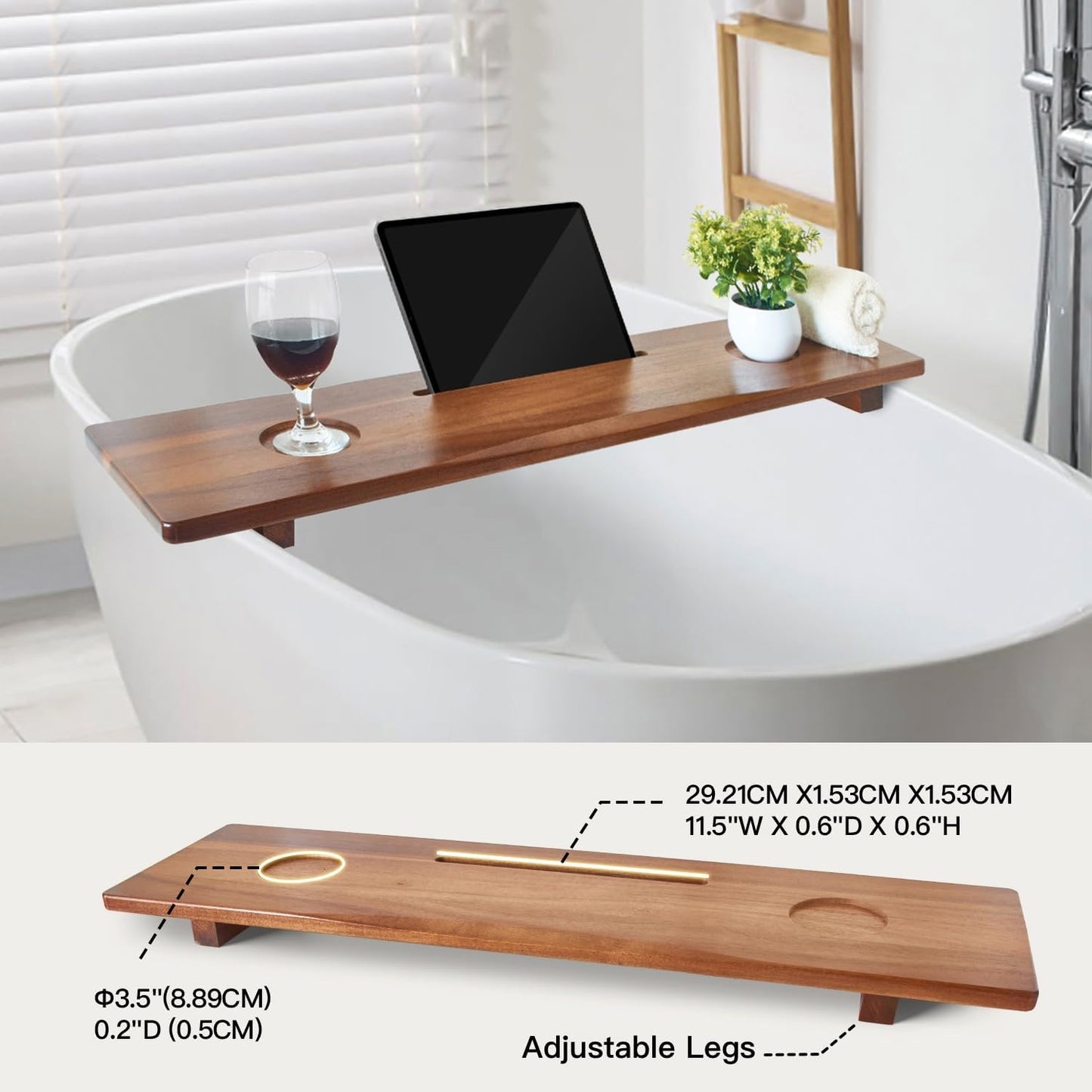 Luxe Premium Acacia Wood Bathtub Tray Caddy with Adjustable Legs, 35x9 Inch Large Wooden Bath Tub Board, Anti-Tipping Bath Shelf Over Tub, Bathtub Accessories