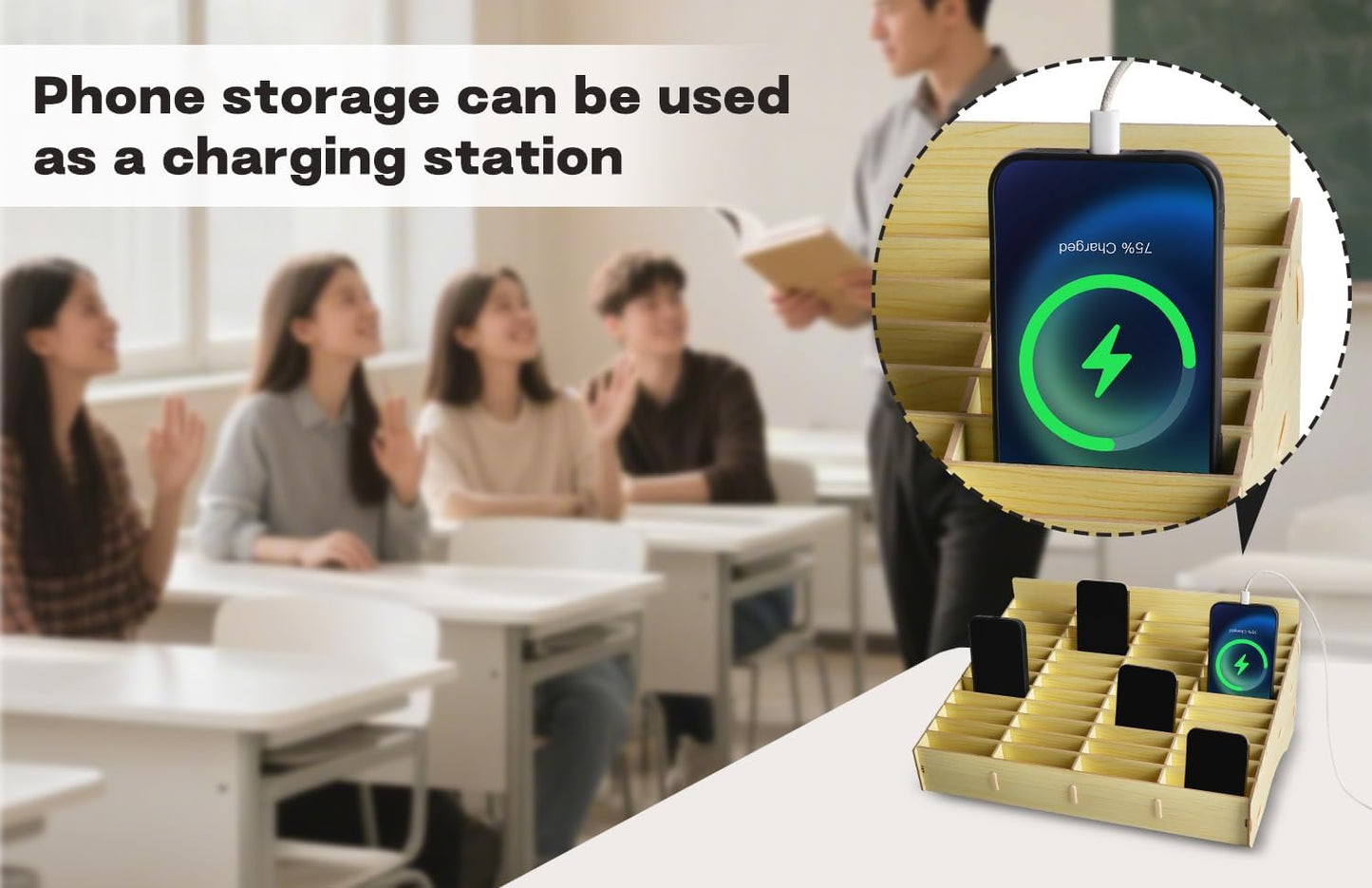 HengTianMei Wooden Desktop Storage Box Mobile Phone Management Storage Box Creative Desktop Office Meeting Finishing Grid Multi Cell Phone Rack Display (New 48)