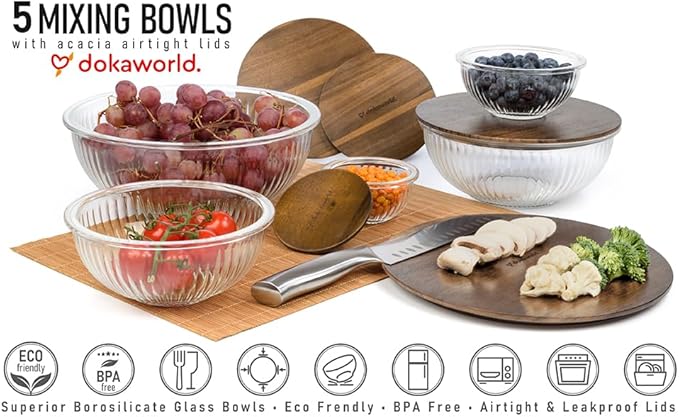 Stackable Space-Saving Set of 5 Nesting Glass Bowls with Acacia Lids for Foodprep, Storage, Mixing & Cooking - Microwave & Oven-ready BPA Free Durable Heat Resistant Inert Borosilicate Glass