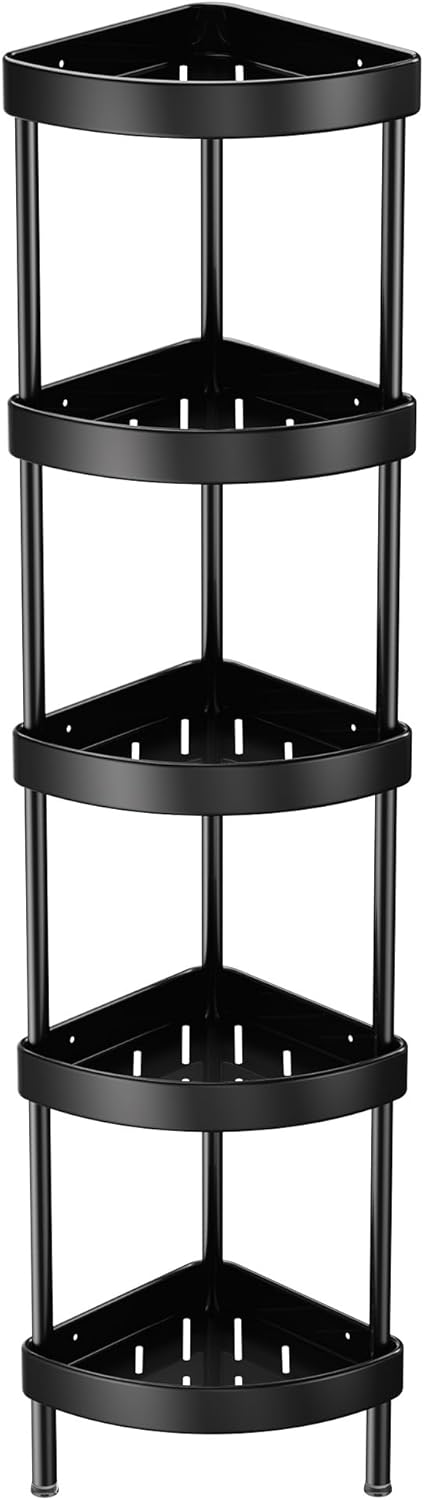 Nieifi Corner Shower Caddy Stand Rustproof Anodized Aluminum Standing Shower Organizer-Shower Caddy Corner-Dual Stability to Anti-Shaking-Height-Adjustable Legs for Uneven Surfaces (Black, 5-Tier)