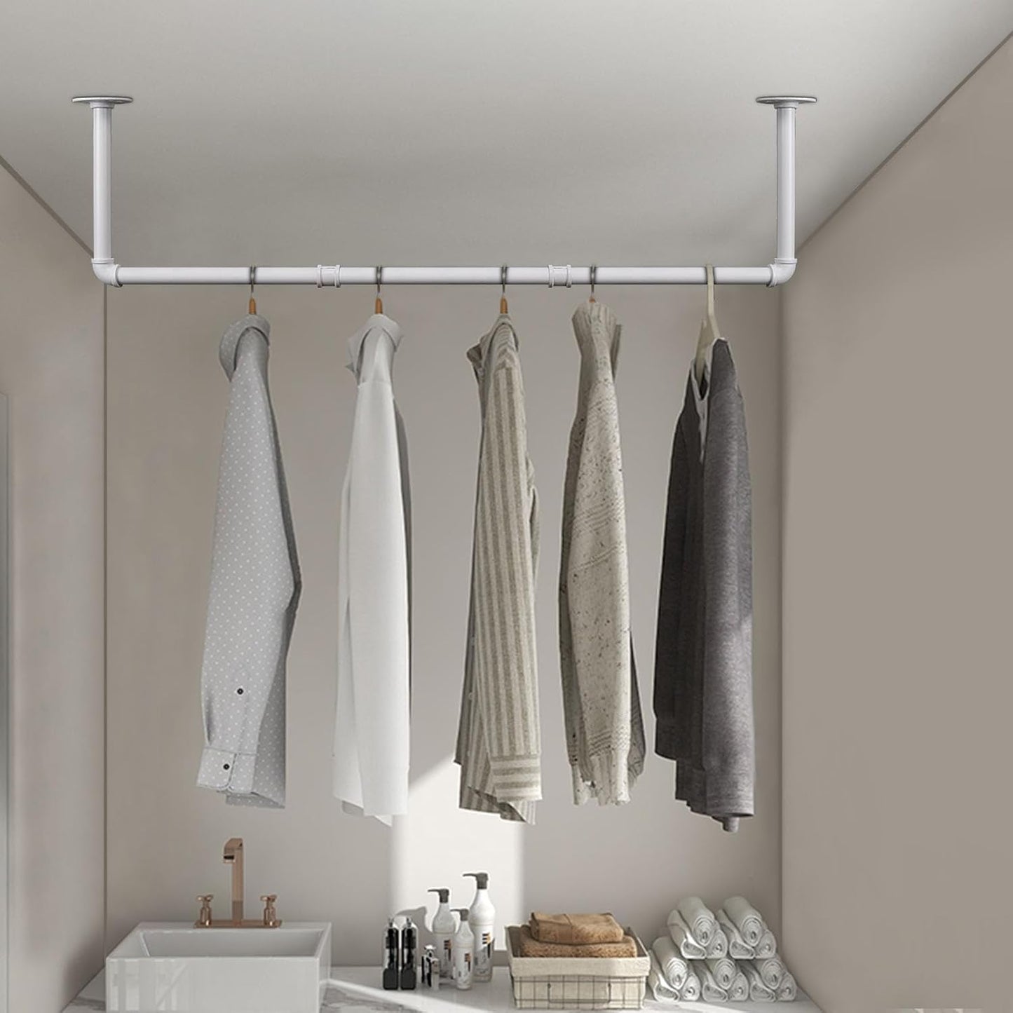 Industrial Iron Pipe Clothes Hanging Bar DIY Wall-Mounted Garment Rack Heavy Duty Clothing Rack for Bedroom, Laundry Room, Closet Storage (White 40 inch)