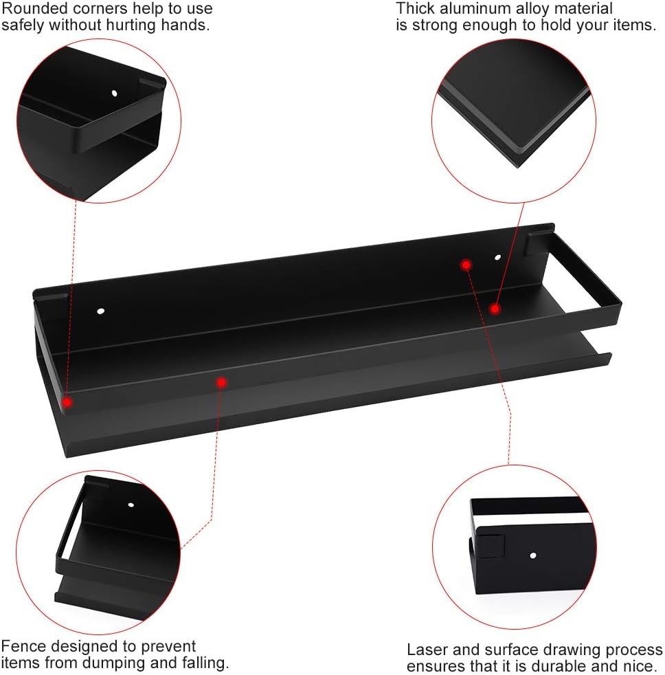 OwnMy Bathroom Shower Shelf Stainless Steel Bath Kitchen Basket Shower Caddy Rack, Rustproof Metal Bathroom Storage Floating Shelves Wall Mounted Shower Corner Rectangular Shelf - 16 Inch Black