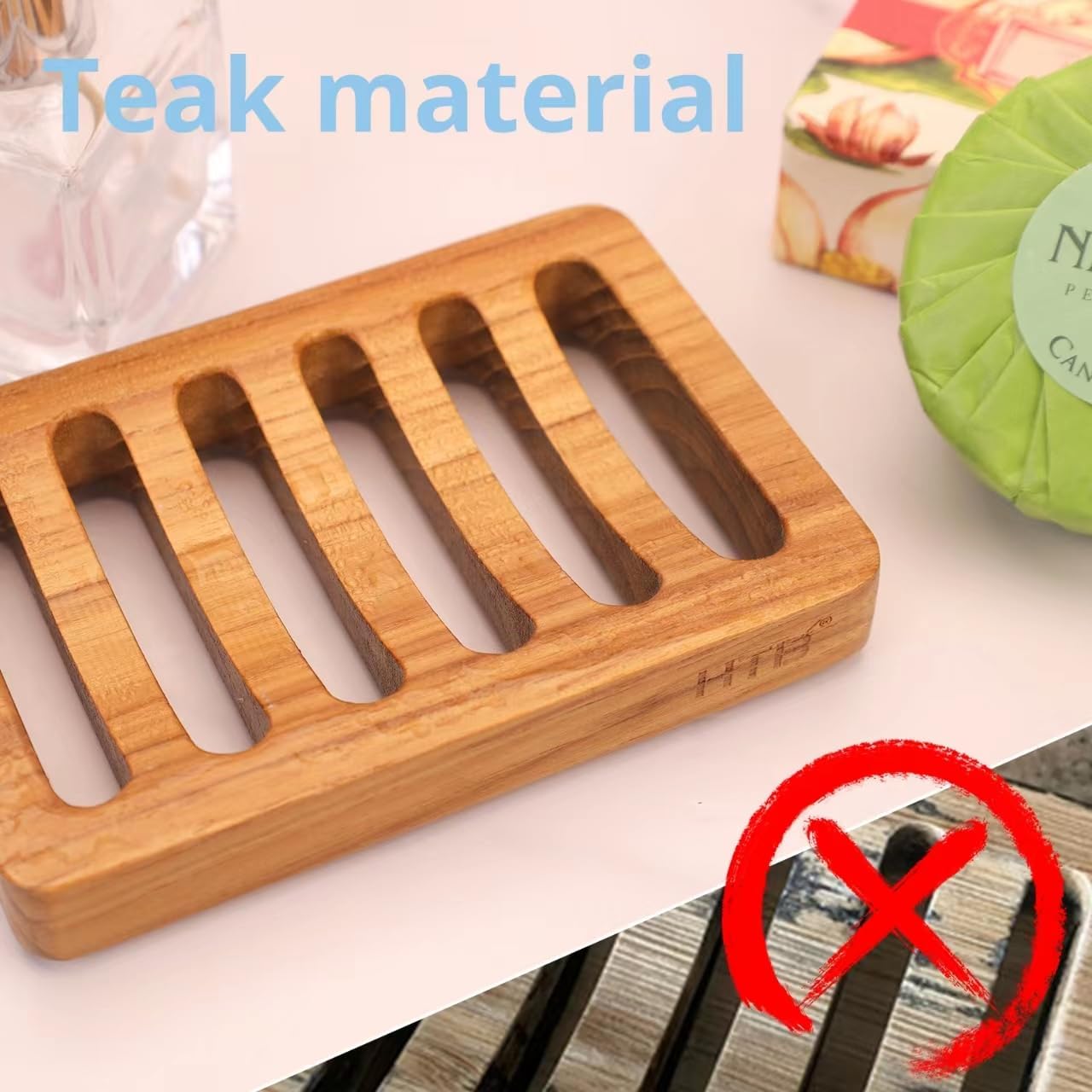 Slotted Bar Soap Holder Teak Wood by HTB, Kitchen Wooden Sponge Holder, Self Draining Soap Dish for Shower, Sink, Bathroom, Bathtub, RV