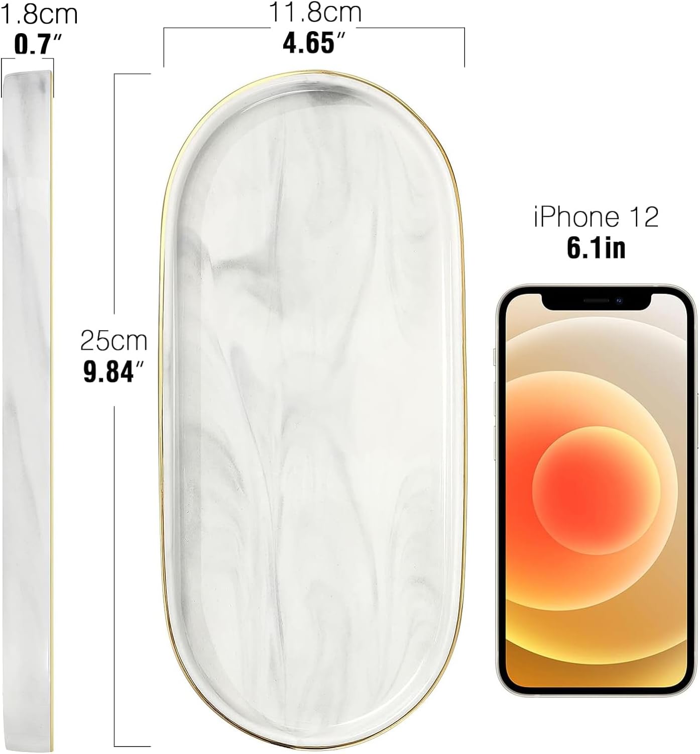 Luxspire Bathroom Vanity Tray, Marble Ceramic Dresser Jewelry Dish with Golden Rim, Decorative Tray Countertop Sink Storage Holder Organizer for Soap Candles Perfume Comestic Home Decor, Marble White