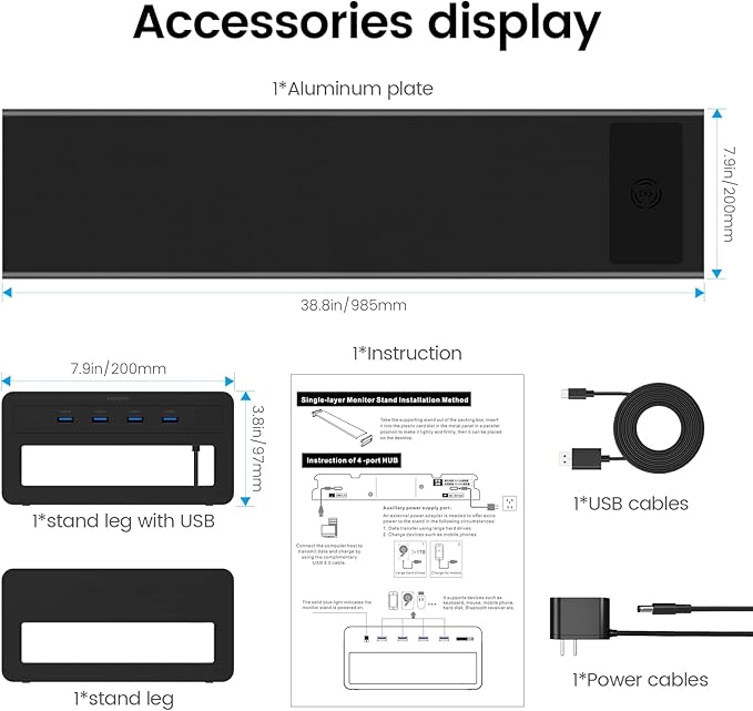 Vaydeer Dual Monitor Stand, Double Monitor Riser with Wireless Charger and 4 USB 3.0 Hub Ports, Metal Desk Raiser for 2 Monitors, PC Screen iMac Studio Display Gaming Office Work Space Saver Organizer
