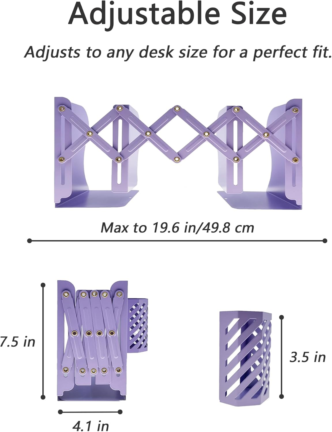 Kingsmile Book Ends, Adjustable Bookends for Shelves, Metal Bookends for Heavy Books, Book Stopper Organzier with Pen Holder for Desk, Kids Room, Office, Classroom, Library, Study Room.(Purple)