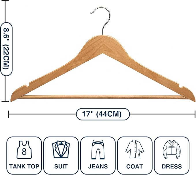Wooden Hangers - 30 Pack Solid Wood Clothes Hangers with Bar for Closet (Natural)