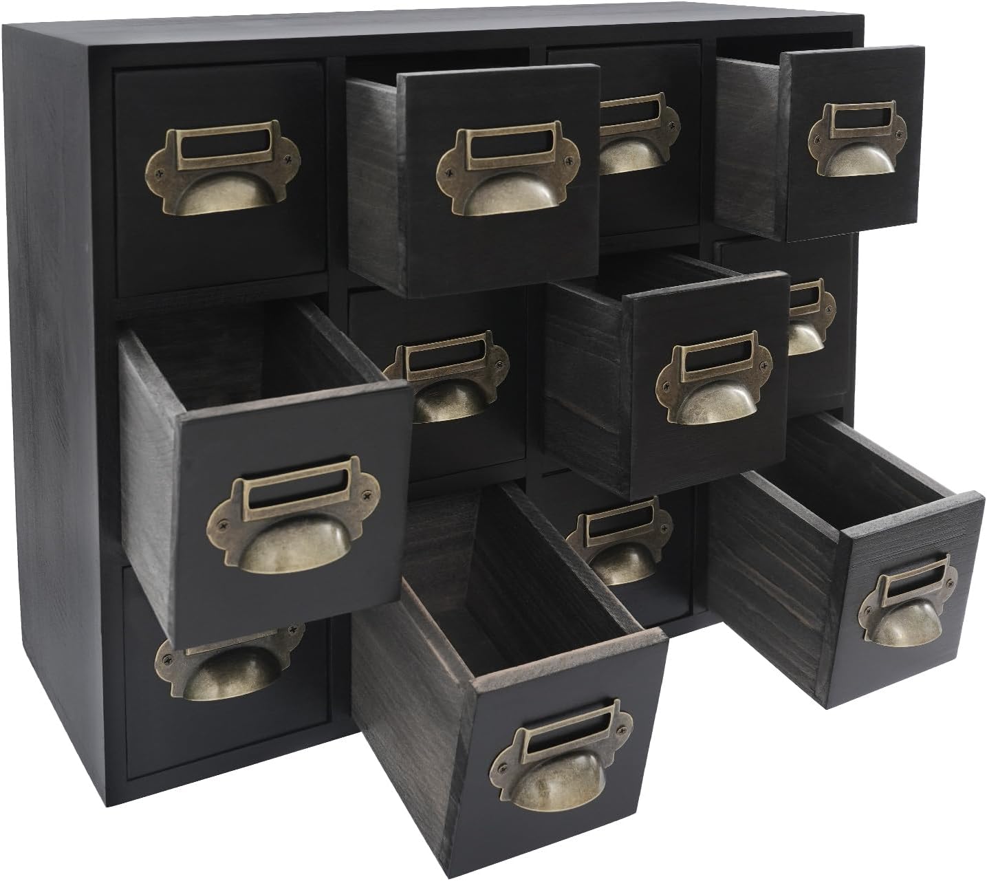 3-Tier Storage Cabinet, 12-Drawer Wooden Organizer with Metal Handles, Wooden Medicine Cabinet, Vintage Brown Solid Wood & Alloy Desktop Storage Shelf for Households, Offices (Black)