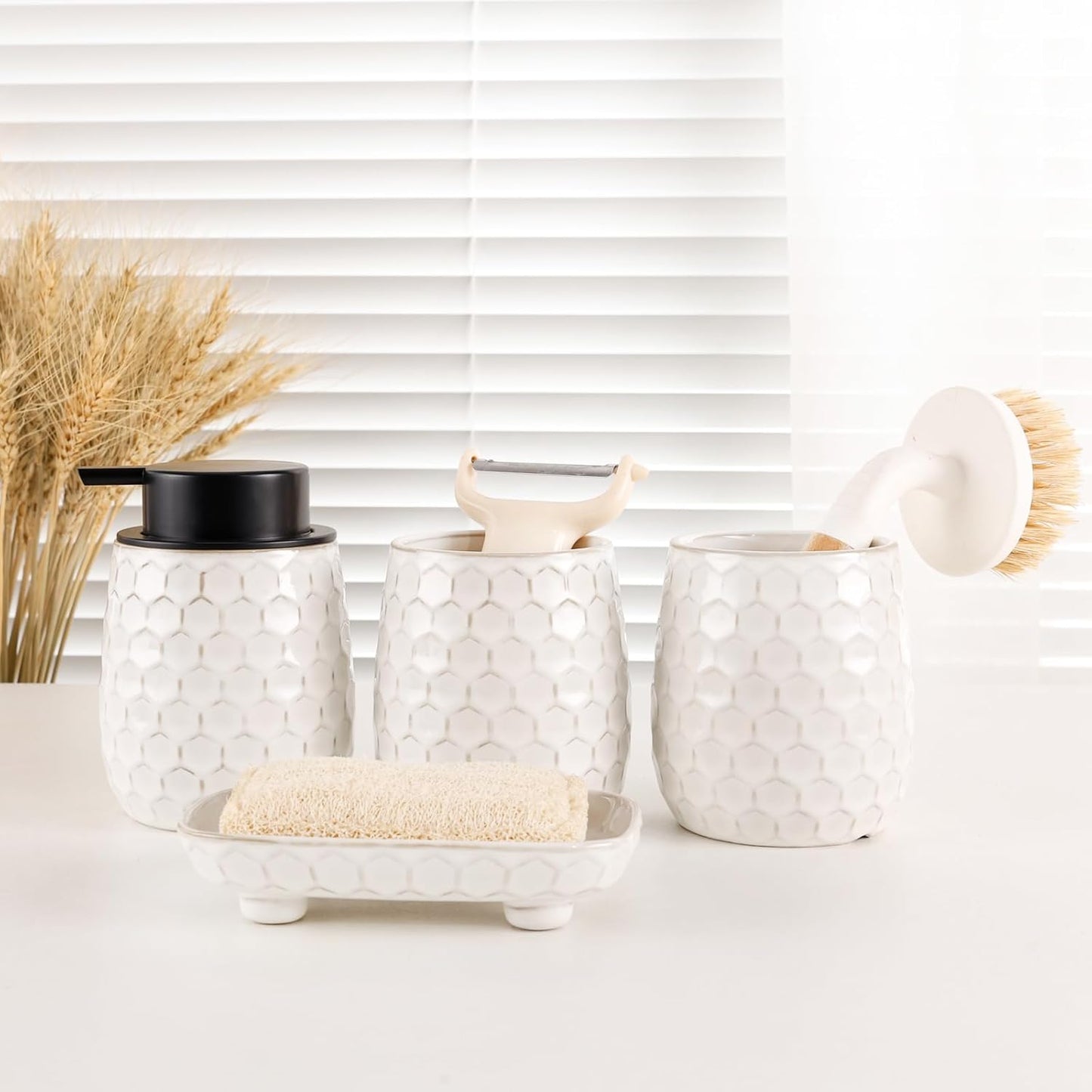 Bathroom Accessory Set 4PCS, Ceramic Bathroom Accessories Set, Bathroom Accessories Sets Complete, White Honeycomb Design, Home Apartment Modern Bath Decor Vanity Countertop, ANTIS'S HOME
