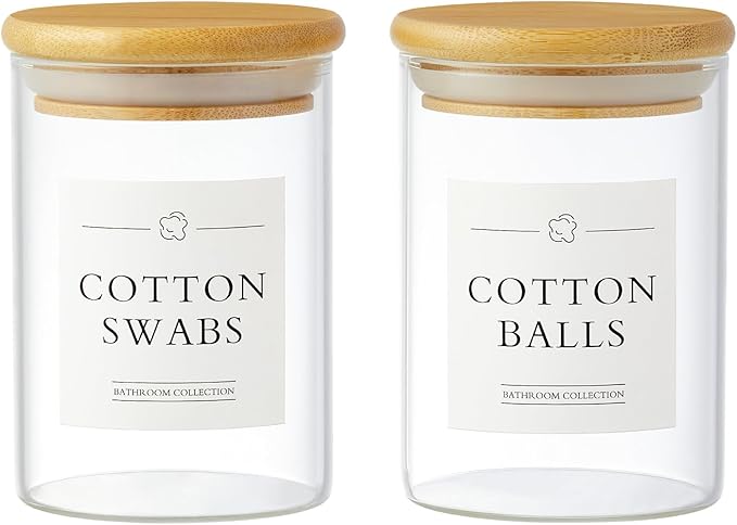 3 Pack Qtip Holder Dispenser - Glass Apothecary Jars with Lids, Cotton Ball Pad Swab Round Holder, Bamboo Bathroom Accessories, Bathroom Organizers Containers Jars Canisters with Lids