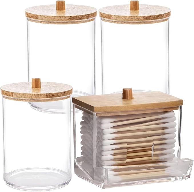 AXX Qtip Dispenser Apothecary Jars Bathroom - Qtip Holder Storage Canister Clear Plastic Jar for Cotton Swab,Q-Tips,Cotton Rounds (E#Cylinder 4Pcs)