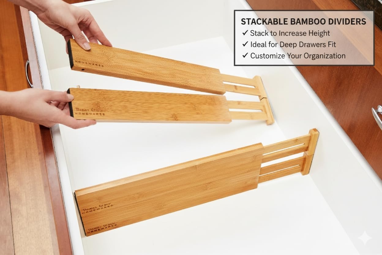 Bamboo Kitchen Drawer Organizer Divider Stackable for Deep Drawers. (Set-of- 4) Spring Loaded Dividers that are Expandable & Adjustable. Kitchen Organizer.