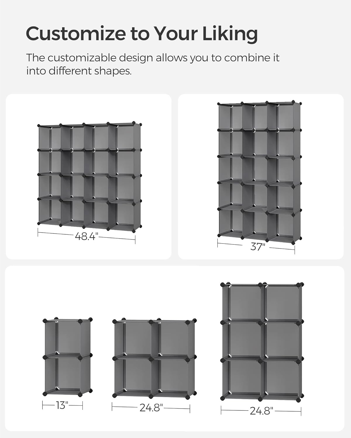 SONGMICS Cube Storage Organizer, Set of 16 Plastic Cubes, Closet Organizers and Storage, Room Organization, Bedroom Living Room, 12.2 x 48.4 x 48.4 Inches, Gray ULPC442G01