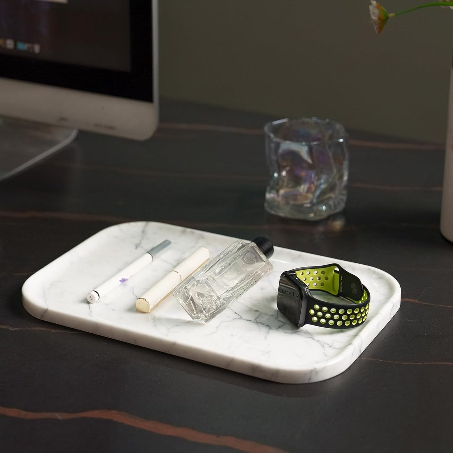 Carrara White Marble Bathroom Vanity Tray | Natural Stone Decorative Organizer | Multi-Use for Vanity, Spa, Kitchen, Bedroom | Waterproof & Non-Slip Design,11.8"x7.8"x0.6"