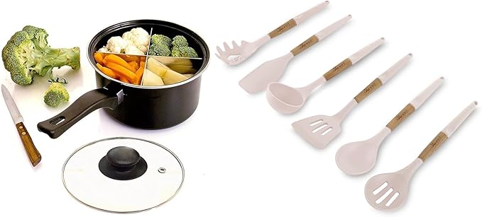 6 Pcs Cookward Silicone Cooking Utensils Set - Natural Wood Kitchen Utensils – Eco Friendly & BPA Free, Non-Scratch & Non-Stick Easy Grip -White