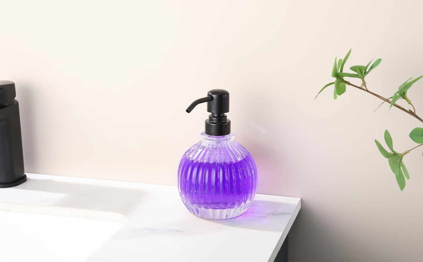 Round Soap Dispenser Bathroom with Black Pump, Glass Pump Bottle with Stainless Steel Pump Liquid Sphere Soap Dispenser Circular Countertop Kitchen