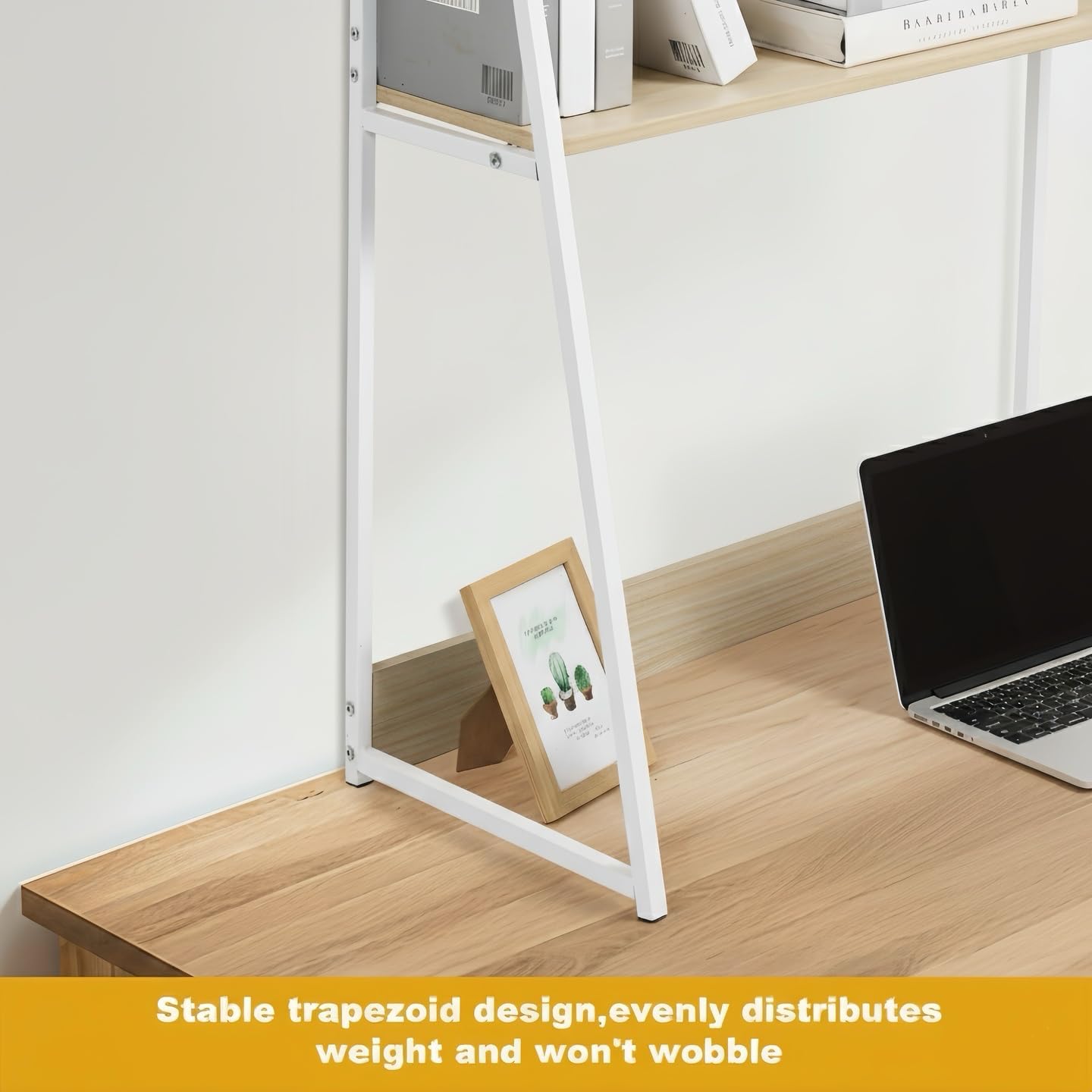 2-Tier Desktop Bookshelf & Hutch - Fits Over Large Monitors - Modern Desk Organizer with Metal Frame - Vertical Storage for Small Desks, Home Office, Dorm, Makeup Vanity (Blonde Wood/White)