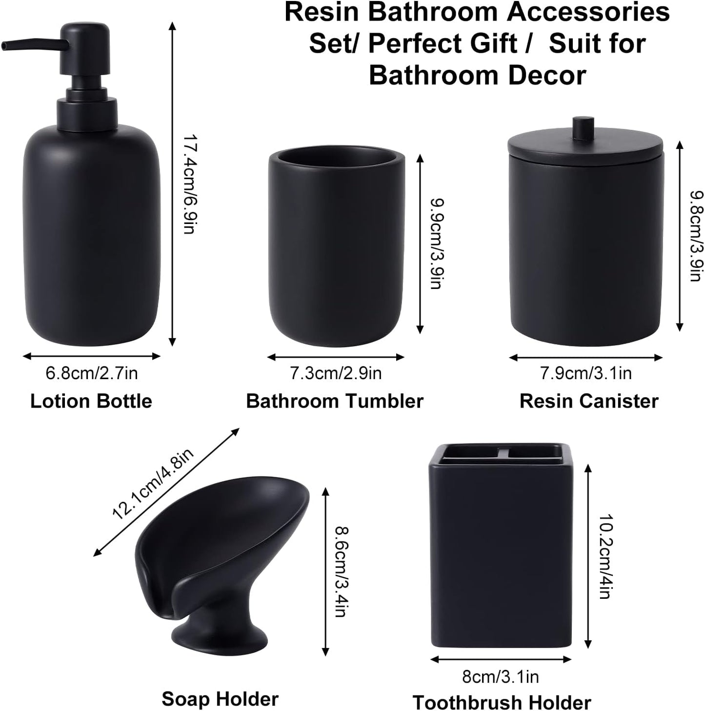 Resin Matte Black Bathroom Accessories Set of 5, Lotion Soap Dispenser, Bathroom Organizer Accessory, Toothbrush Holder, Self Draining Soap Dish and Bathroom Tumbler for Modern Home Decor