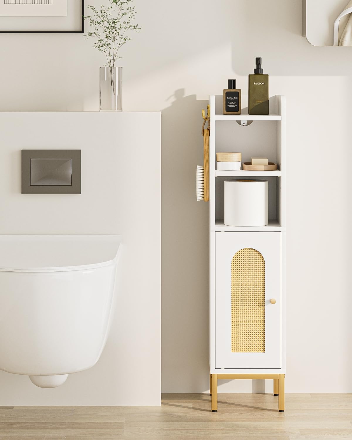 Bathroom Storage Cabinet, Small Corner Floor Hutch with Door and Shelves, Narrow Toilet Paper Cabinet, Bathroom Organizer with Adjustable Shelf, for Small Spaces (Classic-Rattan, White)