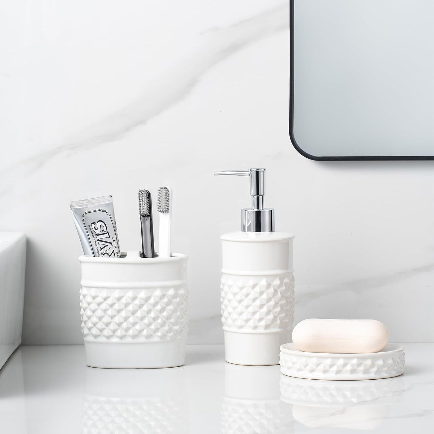 3-Piece White Ceramic Bathroom Accessories Set - Luxurious Soap Dispenser, Toothbrush Holder & Soap Dish with Modern Geo Embossed Design for Bathroom Accessory Set