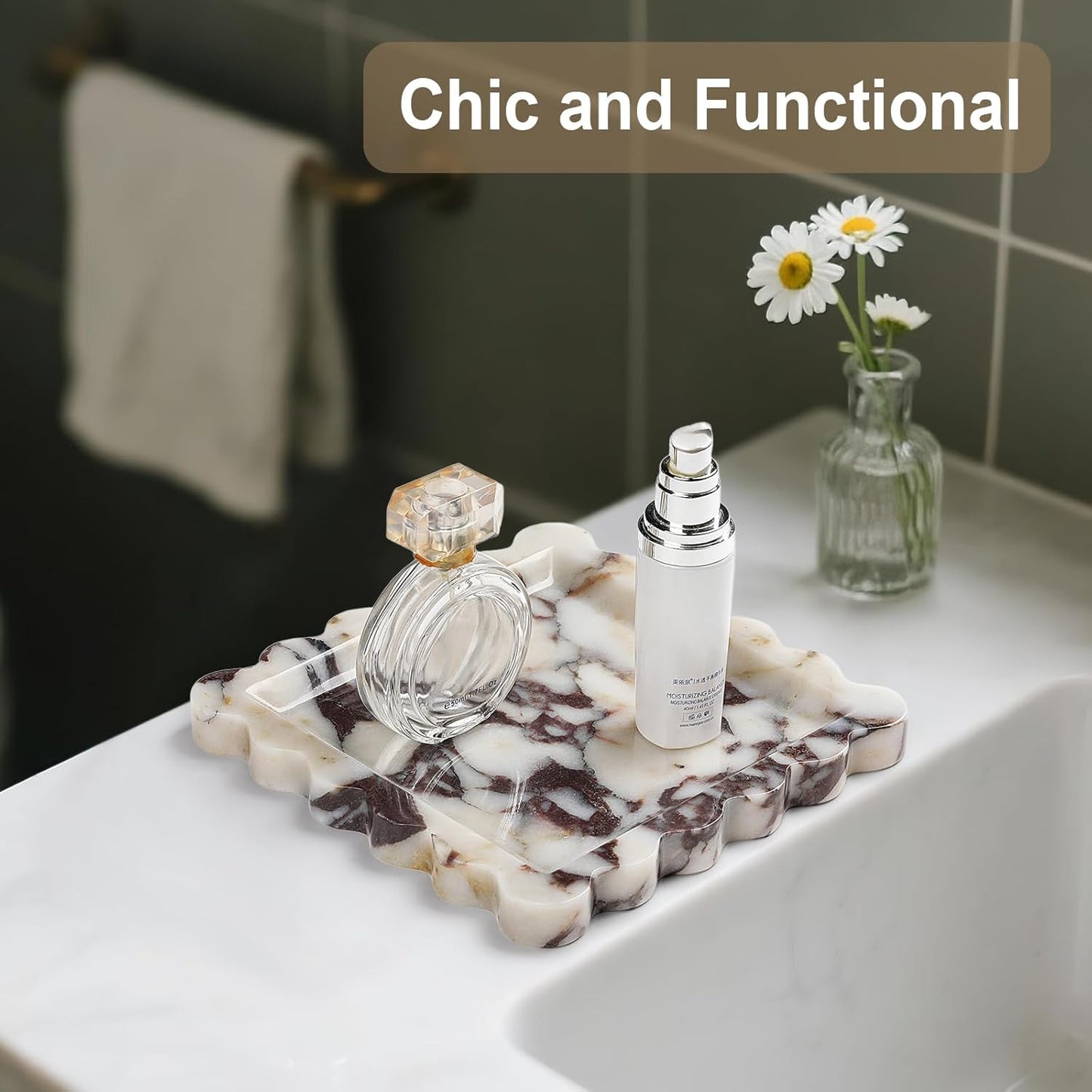 Natural Marble Vanity Tray - Moujings Genuine Marble Perfume Tray for Bathroom Decor, Stone Bathroom Vanity Organizer Tray for Kitchen Counter, Candles, Jewelry, Coffee, Makeup, Key