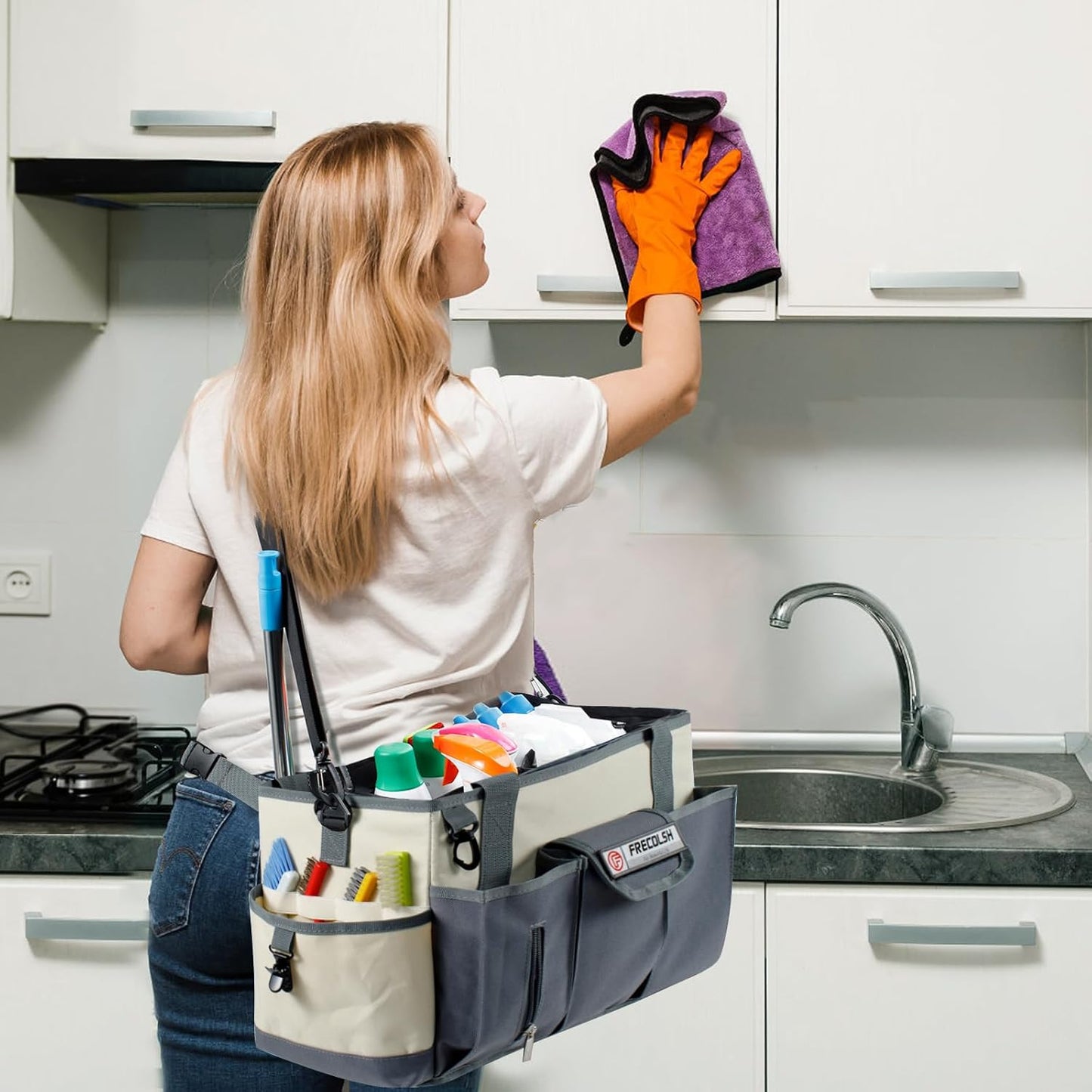 Large Cleaning Caddy for Suppliers Organizer,15'' Professional Organizer with Handle,Wearable Cleaing Bag,Cleaning Storage Caddy,Cleaning Housekeeping,Ivory-Grey