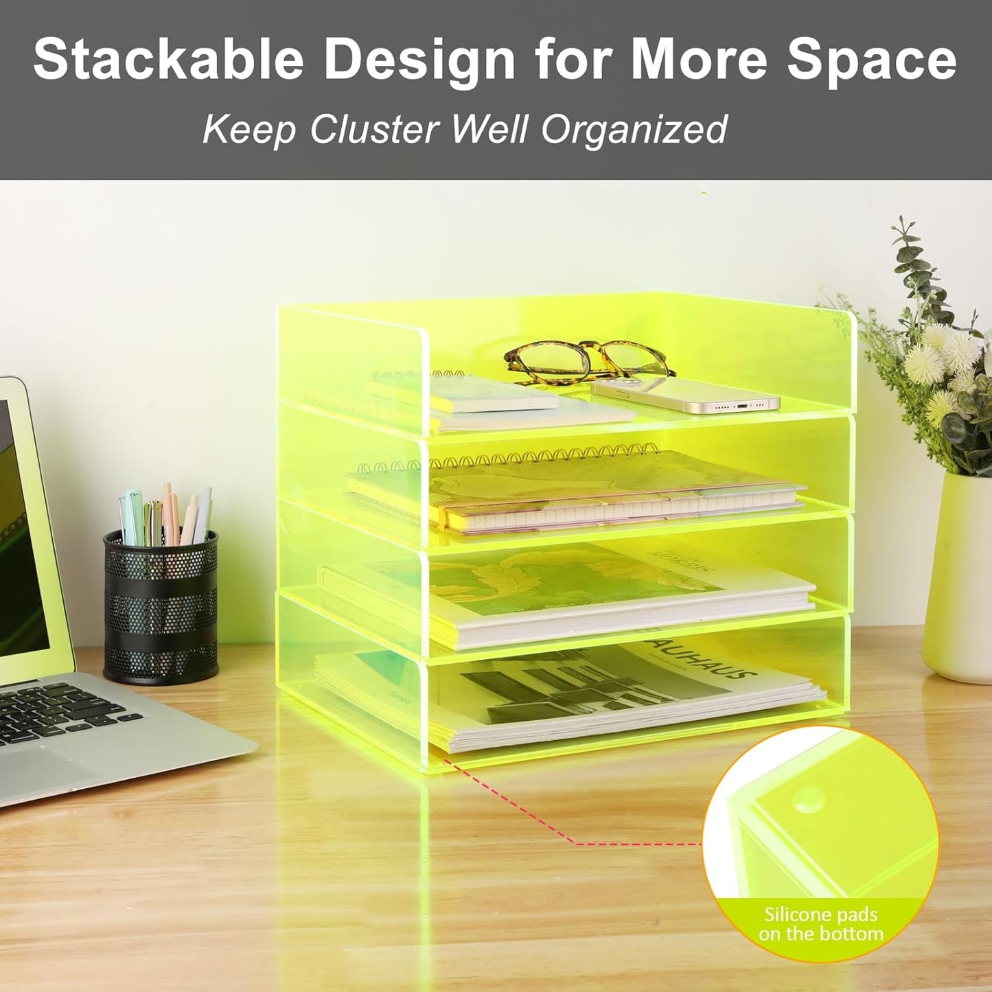 Acrylic File Organizer for Desk 4 Tiered Stackable Letter Tray Office Paper Storage Desktop Document Sorter, Neon Green