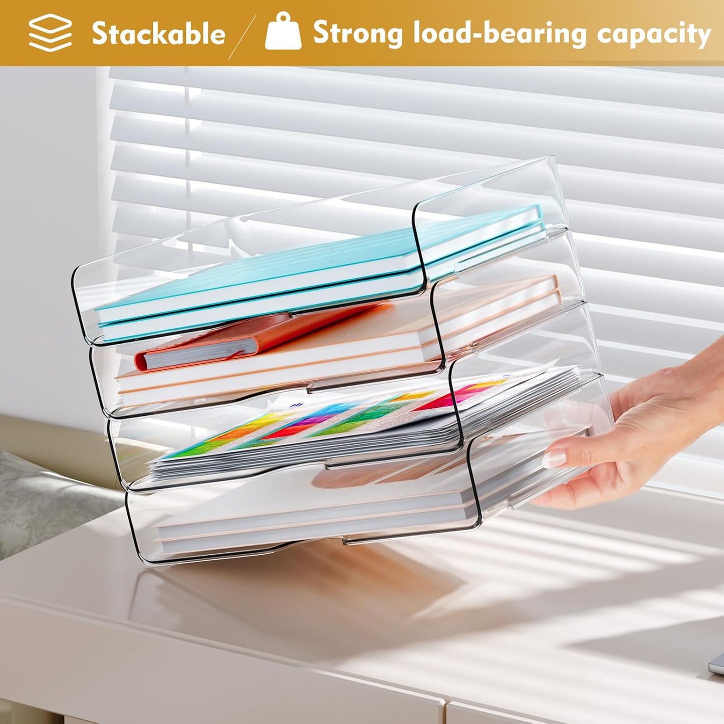 YKLSLH 4 Trays Paper Organizer Letter Tray - Acrylic Desk File Organizer, Stackable Clear Paper Holder Sorter Office Organizer for Letter/A4, Office File Ipad Books Notes Etc